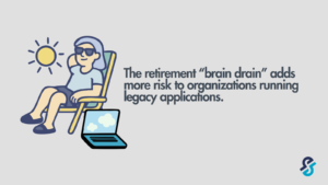A woman relaxing with her computer turned away from her, along with the title 'The retirement brain drain adds more risk to organizations running legacy applications.'