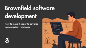 brownfield software development image of a software engineer writing code in a brown, dead field