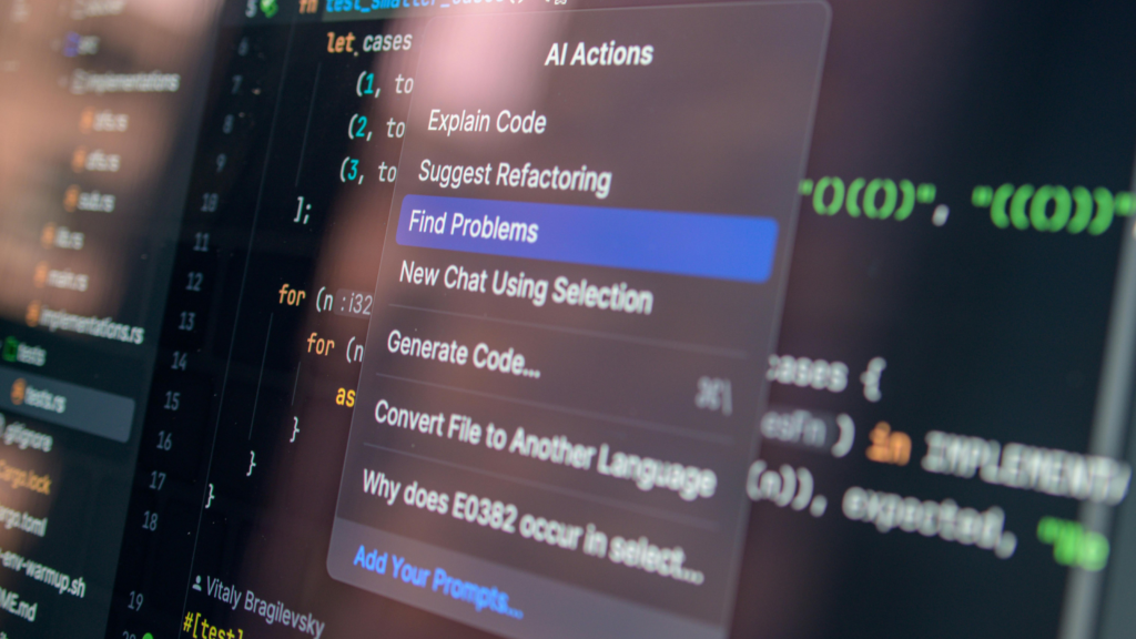 An image of code with a drop-down menu of AI Actions, including 'Explain Code,' 'Suggest Refactoring,' and 'Find Problems.'