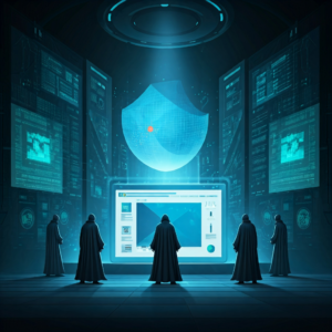 Gemini-generated image representing cybersecurity risks for legacy systems with computers, screens, and hackers surrounding a larger than life laptop