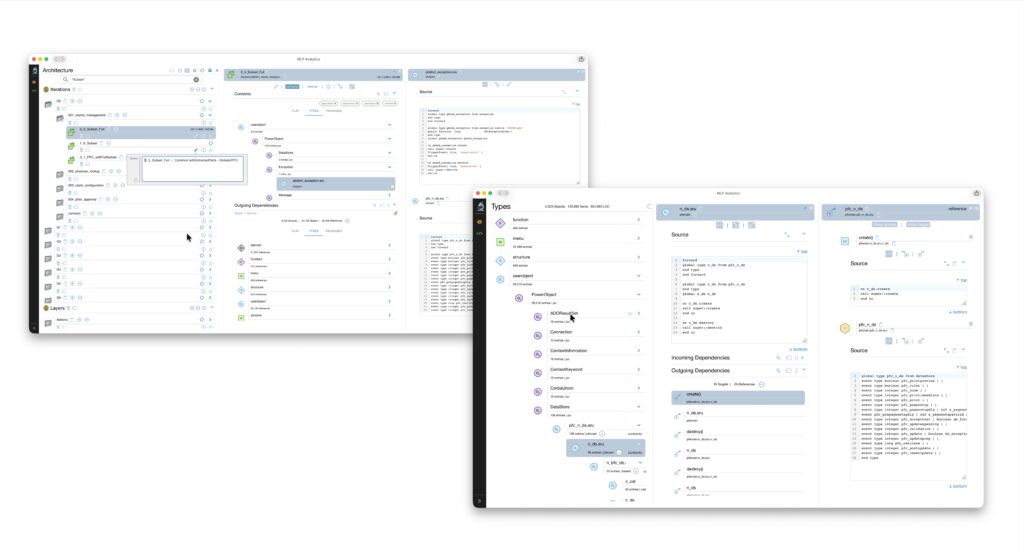Synchrony MLP Analytics interface displaying legacy application architecture and code dependency visualization within the application modernization platform.