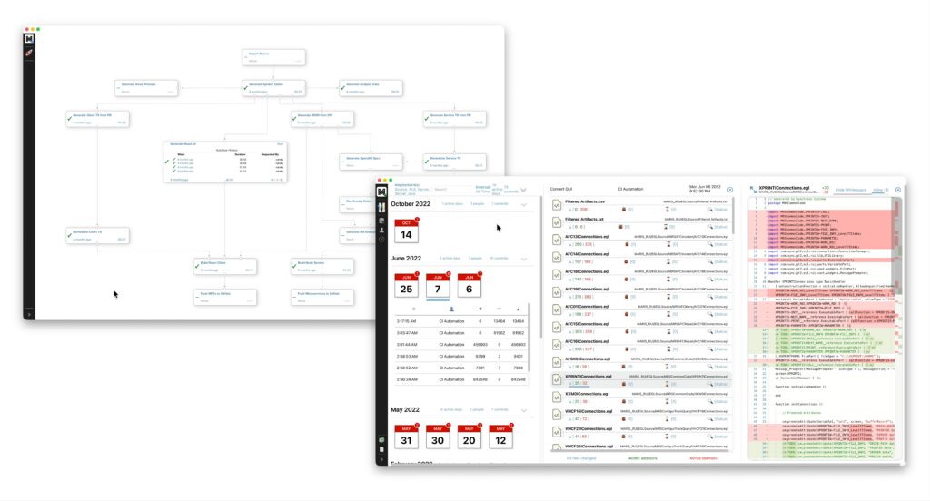Synchrony MLP workflow automation and CI analytics interface showing modernization pipeline execution and code comparison for legacy applications
