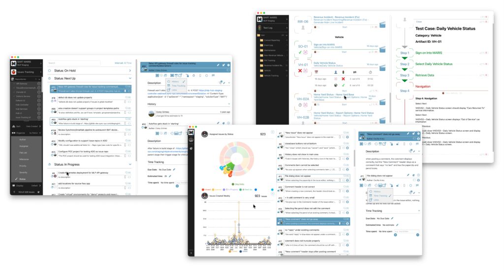 Synchrony MLP issue tracking and test management interface showing task workflows, defect tracking, and test case validation within the application modernization platform
