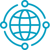 A web icon surrounded by four rotating equidistant small circles connected by lines