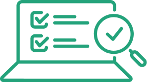 an icon of a laptop with a checklist on the screen and a magnifying glass focusing on one of the checks