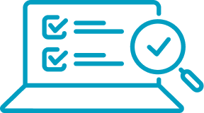 an icon of a laptop with a checklist on the screen and a magnifying glass focusing on one of the checks