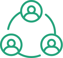 Three people connected in a circle, representing teamwork, user networking, collaboration, or social connection.