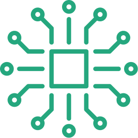 A teal line icon of a central square processor with circuit lines radiating outward in every direction, ending in small circular nodes. Represents technology, connectivity, or artificial intelligence.