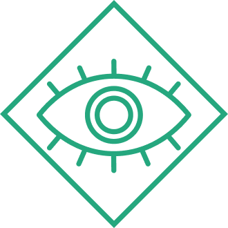 A teal line icon of a stylized human eye centered inside a diamond shape. The eye features long lashes on the top and bottom and a double-circle iris. Represents VAGen.