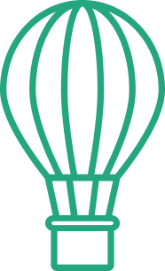 A teal line icon of a hot air balloon with vertical stripes on the envelope and a square basket at the bottom. Represents Smalltalk.