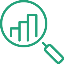 Bar chart inside a magnifying glass, representing in-depth performance review, data analytics, or metric investigation.