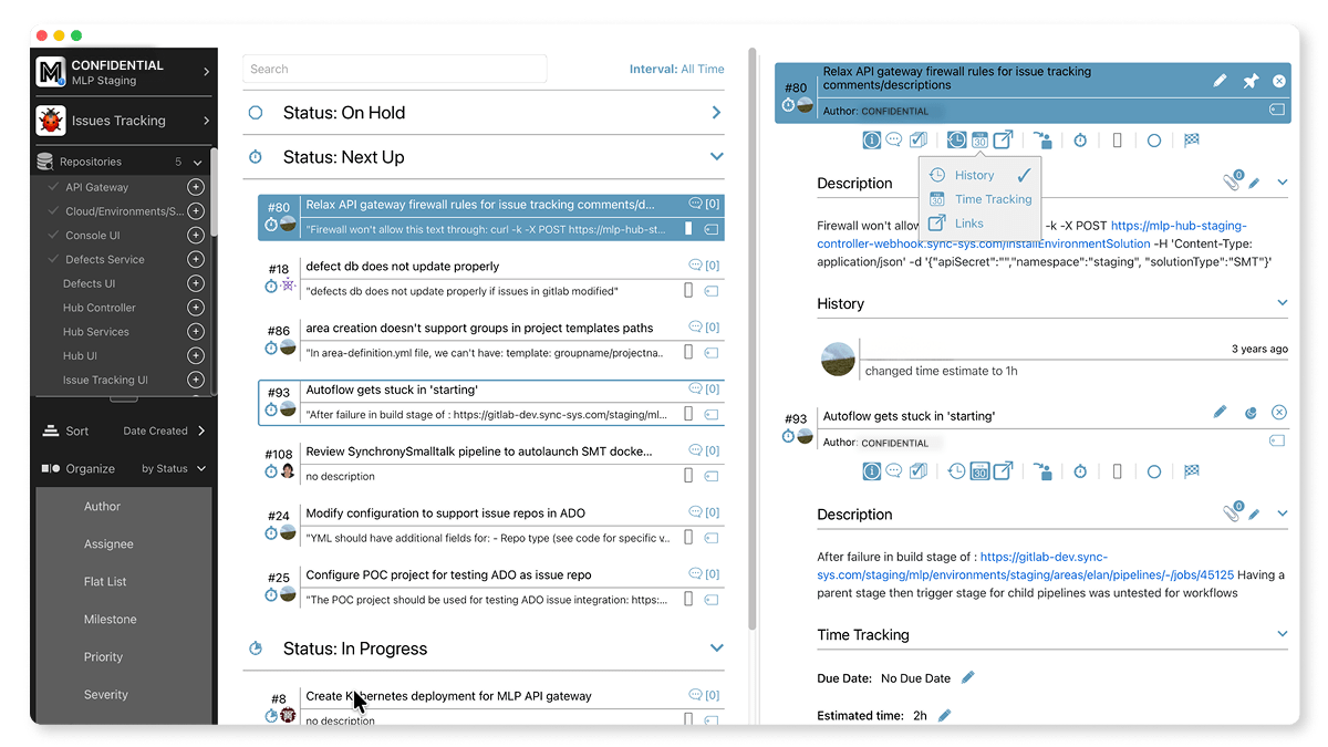 An inventory management screen in MLP displaying a categorized list of application artifacts, including source files, objects, and database schemas ready for migration