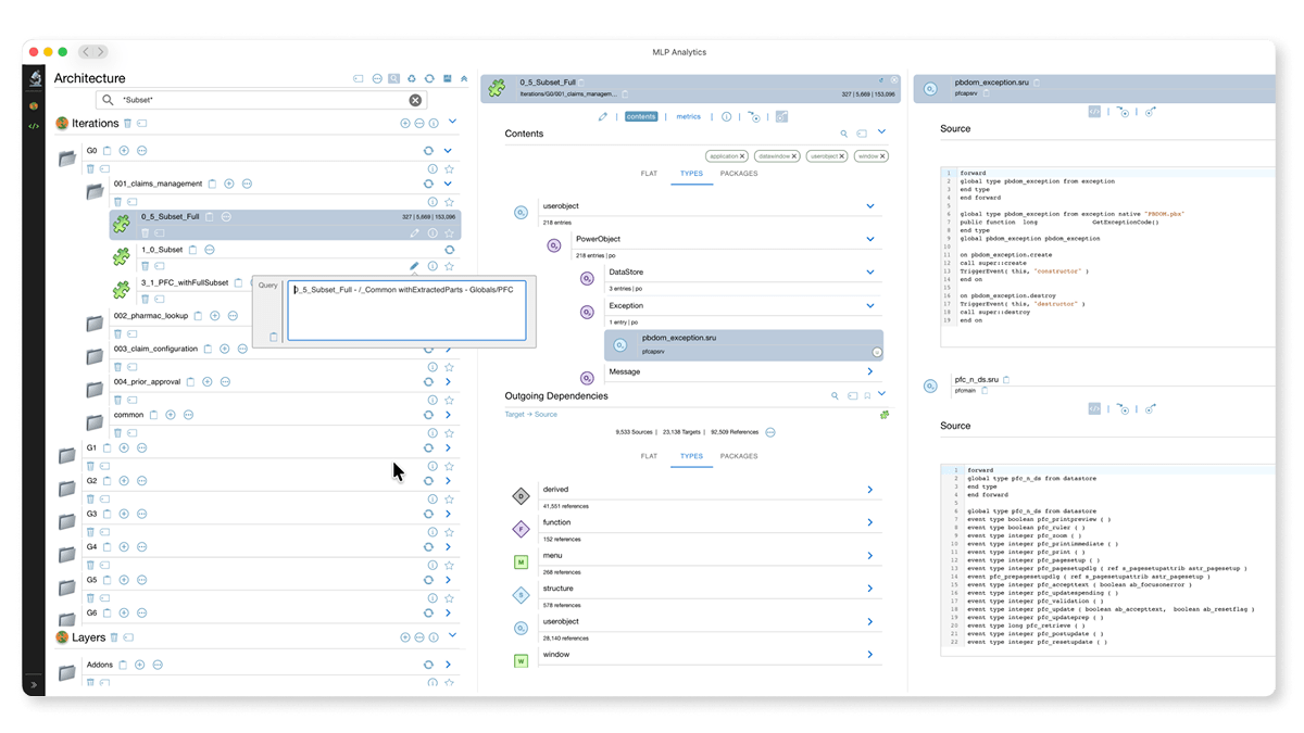 A side-by-side code comparison view in MLP showing original legacy source code on the left and the automatically generated modern code on the right