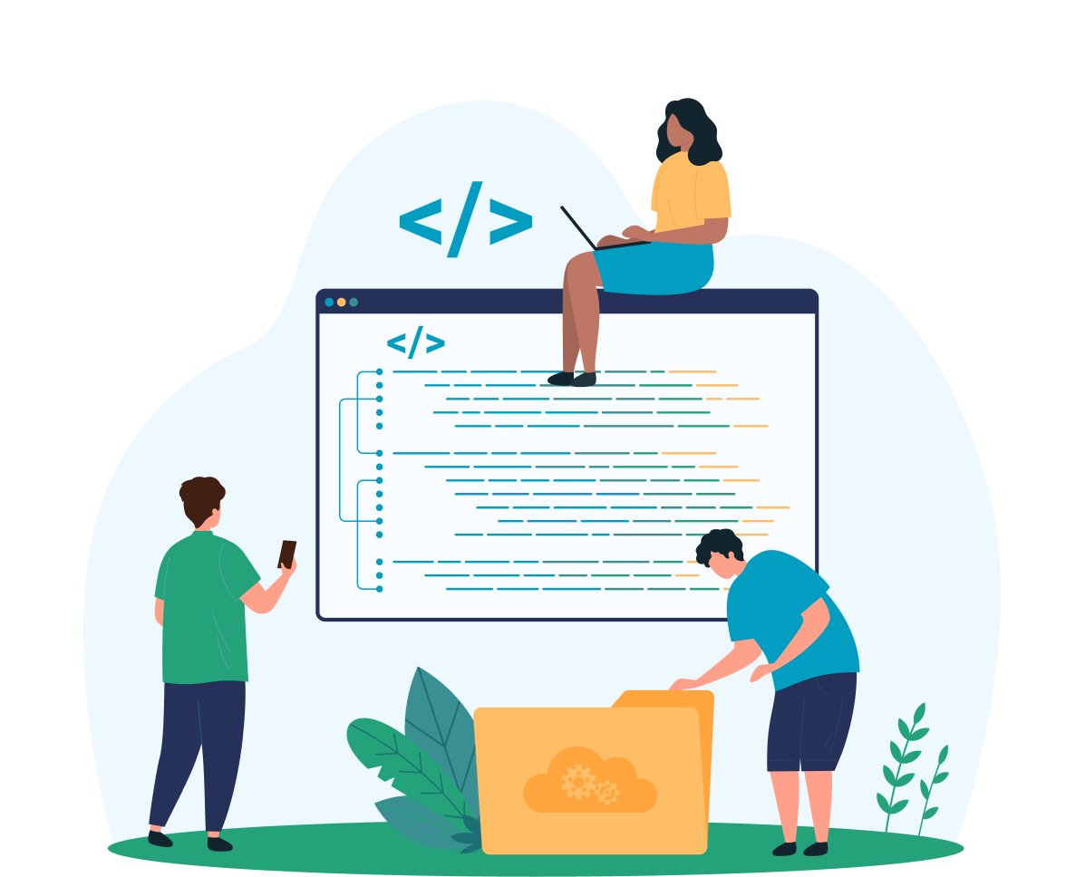 A flat vector illustration of three developers collaborating on a software project. One person sits atop a large window displaying lines of code, another looks into a cloud-storage folder, and a third holds a smartphone.