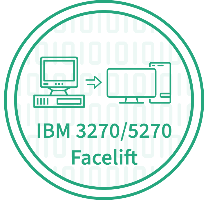 IBM 3270 and 5270 Facelift emblem showing a transition from a legacy terminal to a modern computer monitor within a teal circular frame.
