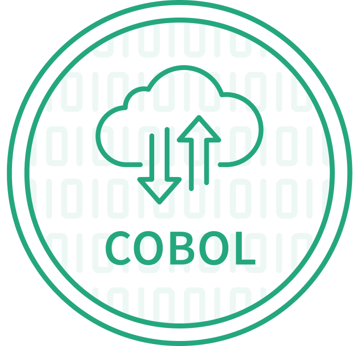 COBOL modernization emblem featuring a teal circular border and a cloud icon with upload and download arrows, symbolizing mainframe-to-cloud migration.