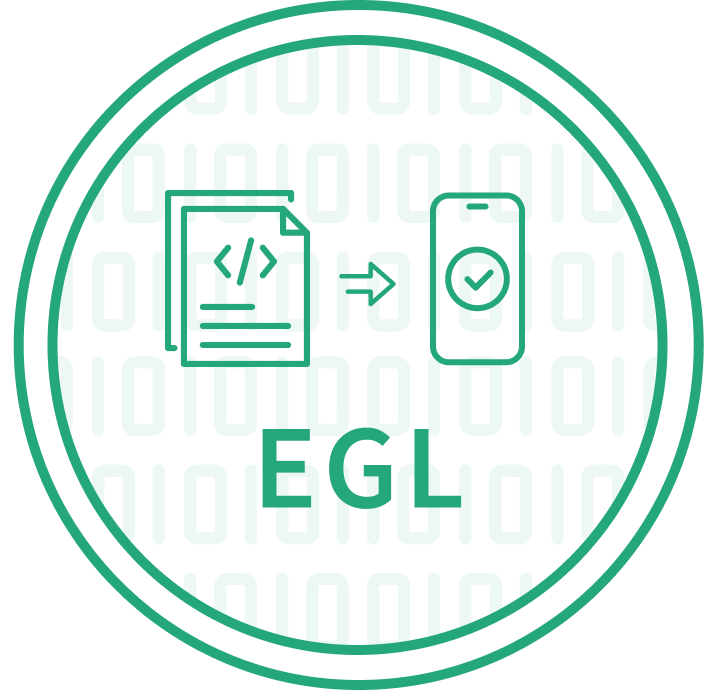 Enterprise Generation Language (EGL) emblem showing a teal circular frame with a transition icon from source code documents to a mobile device with a checkmark.