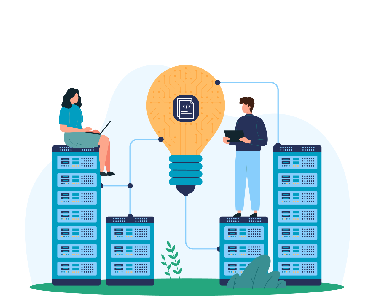 Enterprise Generation Language (EGL) modernization illustration showing technical experts and server infrastructure connected to a lightbulb with a coding document icon.