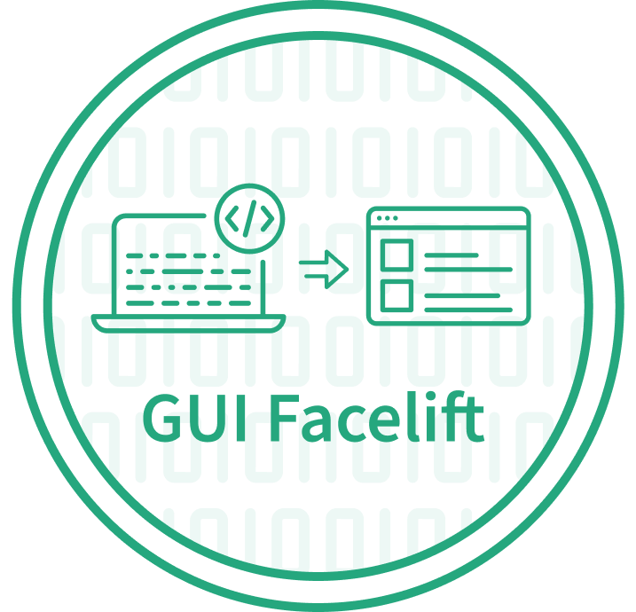 GUI Facelift emblem featuring a teal circular border and a transformation icon showing legacy laptop code converting into a modern web browser interface.