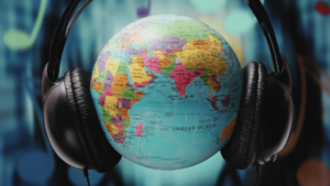 A colorful globe wearing black over-ear headphones, symbolizing global connection through music or audio.
