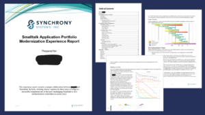 Cover and sample interior pages of a Smalltalk Application Portfolio Modernization Experience Report by Synchrony Systems, featuring project timelines, migration metrics, and implementation charts.