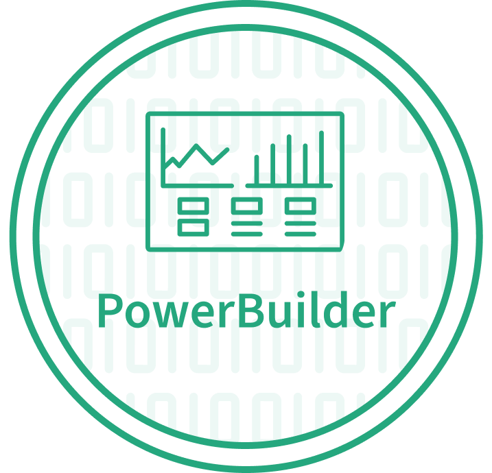 PowerBuilder software emblem featuring a teal circular border and a dashboard icon with line charts and data grids over a binary code background.