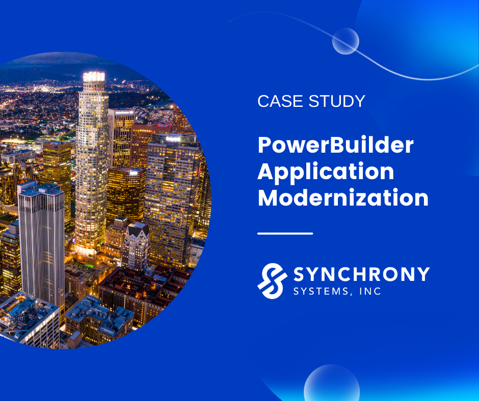 Cover image for a Synchrony Systems case study titled “PowerBuilder Application Modernization,” featuring a nighttime city skyline in a circular frame on the left and the Synchrony Systems, Inc. logo on a blue background.