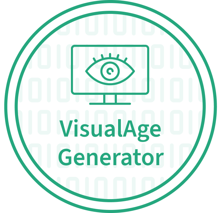 IBM VisualAge Generator (VAGen) emblem with a teal circular border and a monitor icon featuring an eye symbol, representing visual development.