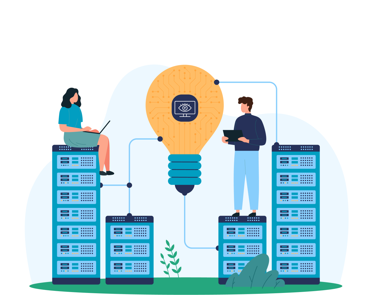IBM VisualAge Generator (VAGen) concept art showing developers managing data servers linked to a central lightbulb with a visual monitoring eye icon.