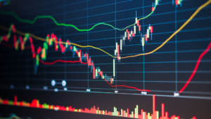 A close-up, angled shot of a digital financial trading screen showing complex candlestick charts, moving average lines in green and orange, and volume bars at the bottom. The interface uses a dark background with vibrant red and green indicators representing market fluctuations across a timeline.