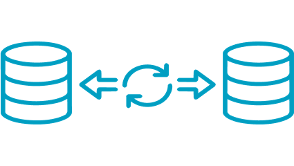 Database synchronization diagram showing real-time bidirectional data binding between two data storage systems.