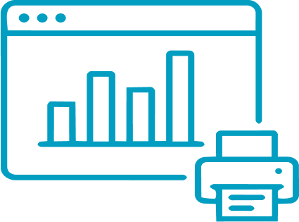 Illustration of an embedded reporting system featuring a dashboard with bar charts and a connected printer icon.
