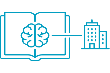 Diagram representing encyclopedia-driven architecture, showing a central knowledge base with a brain icon connected to an enterprise building.