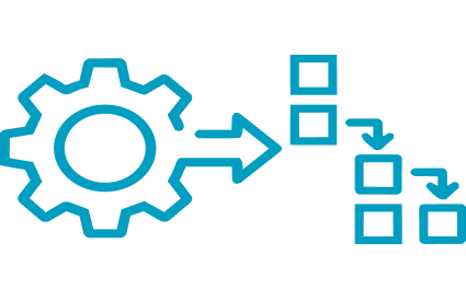 Process diagram showing generation-driven behavior where a central engine (gear) creates a cascading sequence of logic blocks.