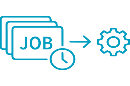JCL (Job Control Language) batch orchestration diagram showing a scheduled job sequence moving toward an automated processing engine.