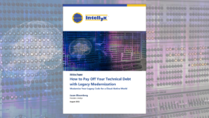 Cover of Intellyx white paper titled “How to Pay Off Your Technical Debt with Legacy Modernization,” featuring abstract brain and control panel imagery with cloud-native modernization subtitle.