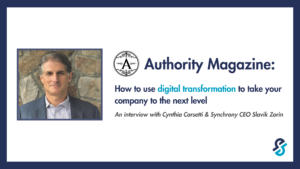 The Authority Magazine logo, along with a photo of Synchrony CEO Slavik Zorin