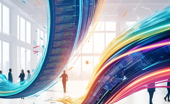 Modern lobby of office with arcs of rainbow-like paths with legacy code in them to signify AI in technical debt management