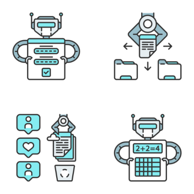 cartoon robots showing automated activities. robotic process automation. RPA