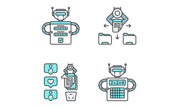 cartoon robots showing automated activities. robotic process automation. RPA